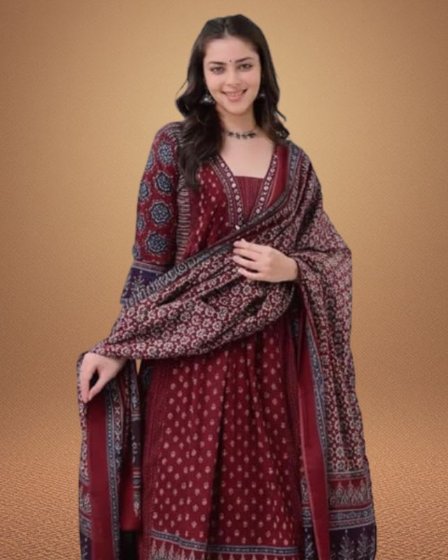 Best of Women’s Rayon Printed Anarkali Kurta and Pant with Dupatta Set